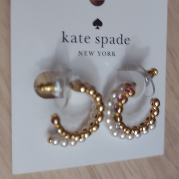 Kate Spade Colorful Crystal Gold Duo Strand Pearl Mini Hoop Earrings - Picture 2 of 4